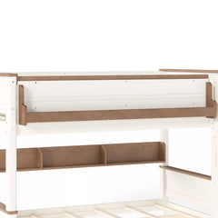 Built-in storage shelf detail on wood bunk bed