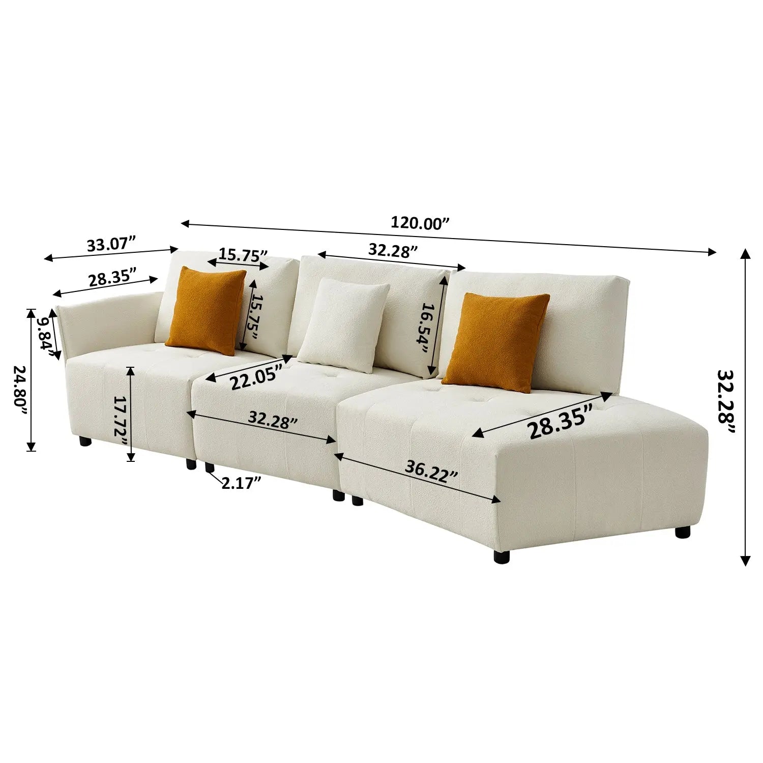 Bellemave 120" Teddy Fabric Sofa, Modern Modular Sectional Couch, Button Tufted Seat Cushion Bellemave