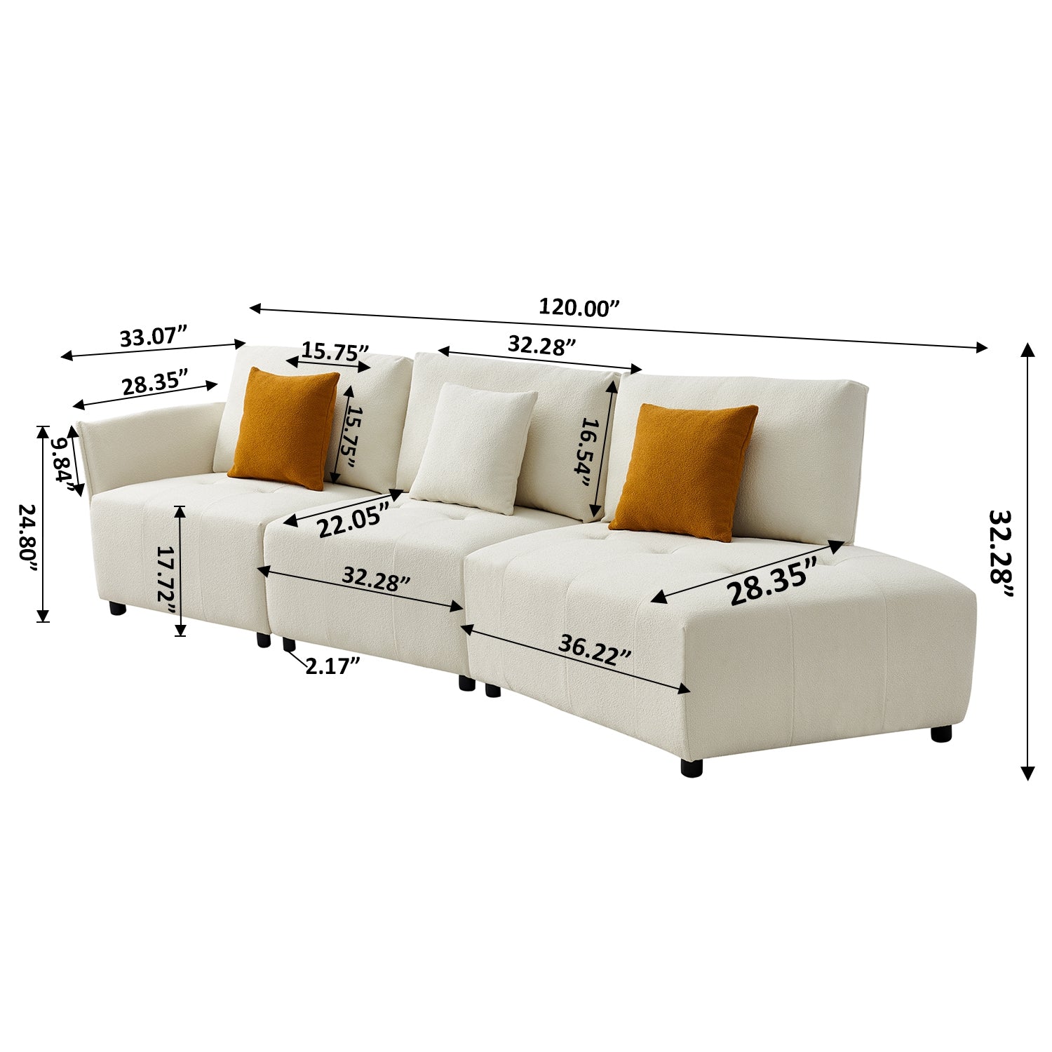 Bellemave 120" Teddy Fabric Sofa, Modern Modular Sectional Couch, Button Tufted Seat Cushion