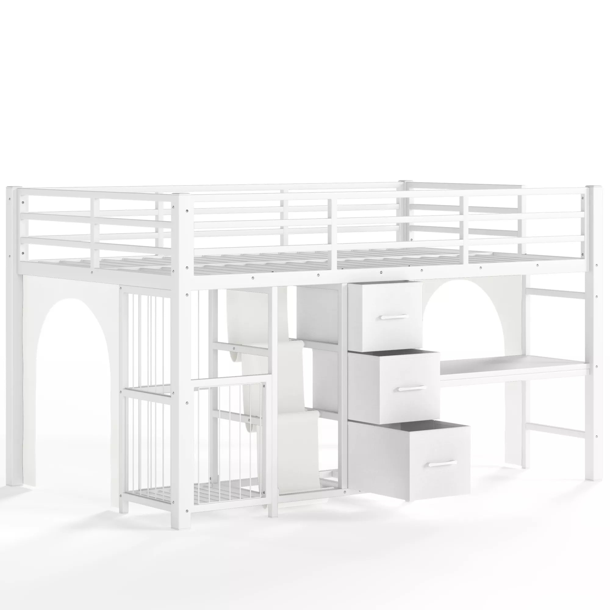 white low loft bed with built in desk for kids bedroom