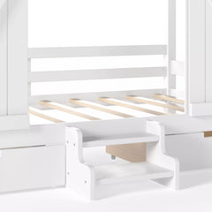 Bellemave® Farmhouse House Bed with Sliding Barn Door, Storage Drawers & Staircase, Wooden Kids House Bed Frame with Light