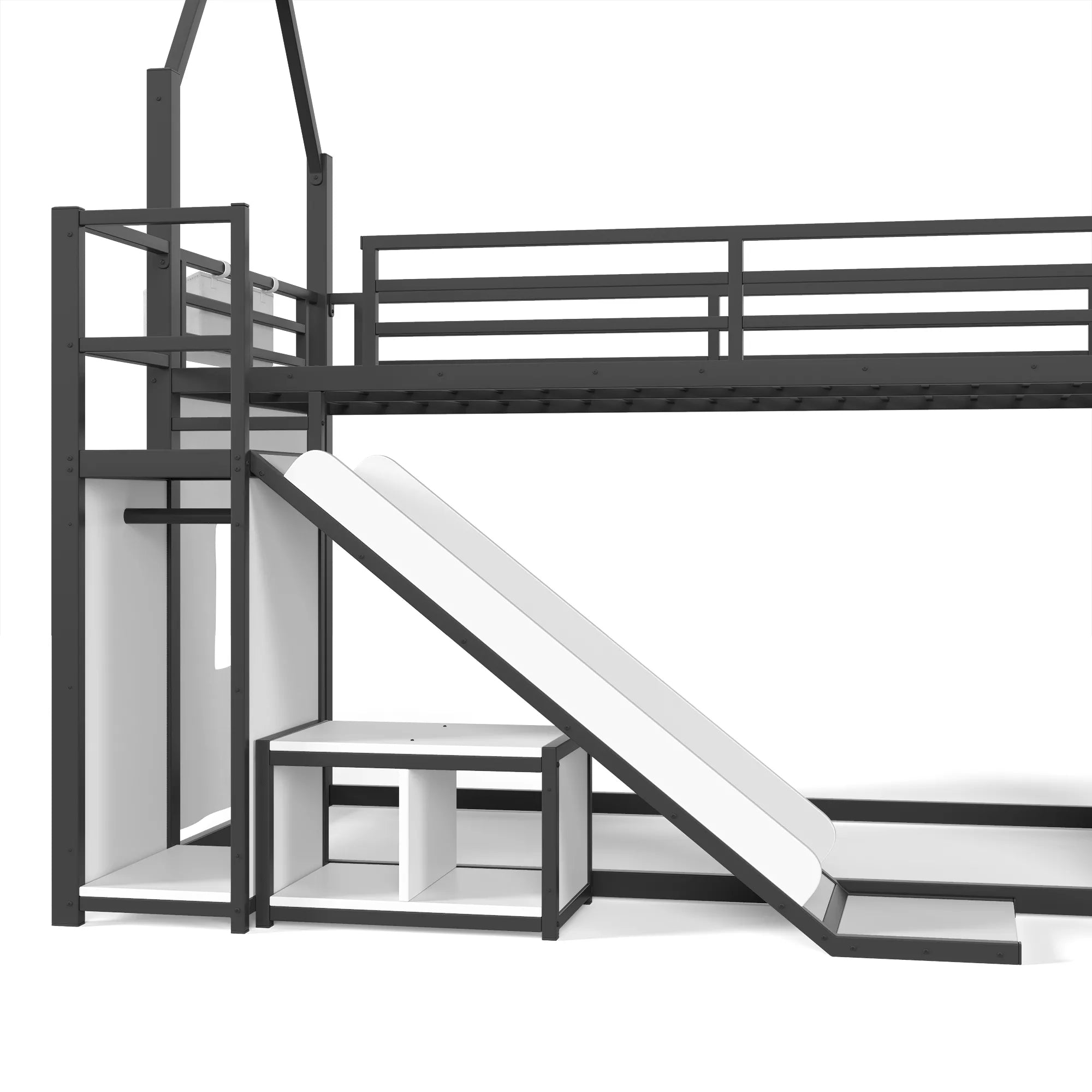 Twin house loft bed with ladder slide and storage features
