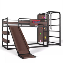 Metal loft bed frame with slide, climbing wall and built-in bookshelf for kids