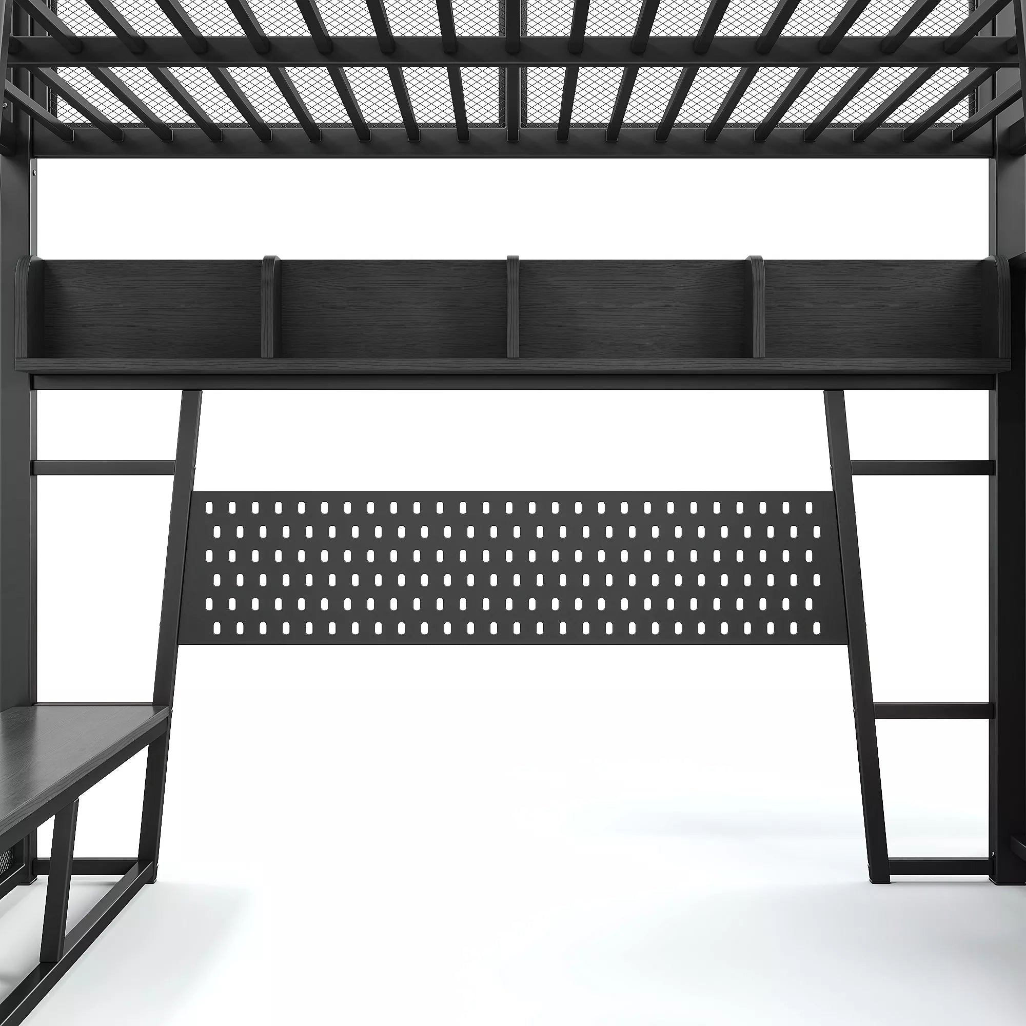 Metal loft bed frame front view with pegboard panel