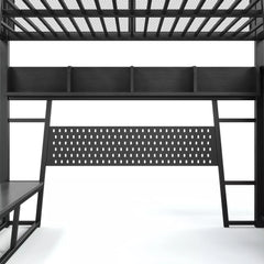 Metal loft bed frame front view with pegboard panel