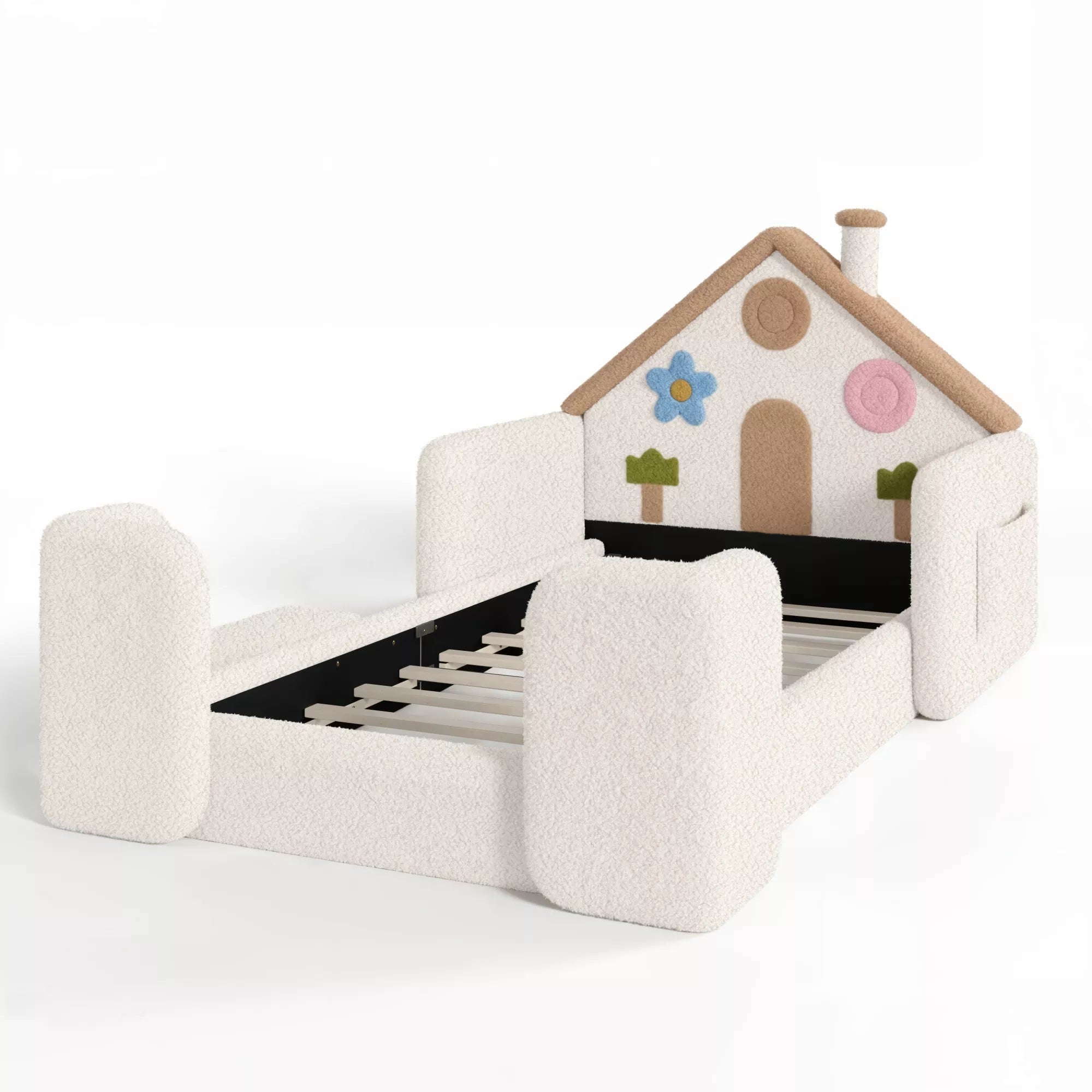 Kids house bed with upholstered safety guardrails