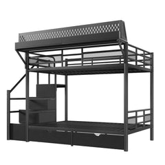 Black metal bunk bed with mesh upper guardrails and built-in staircase storage