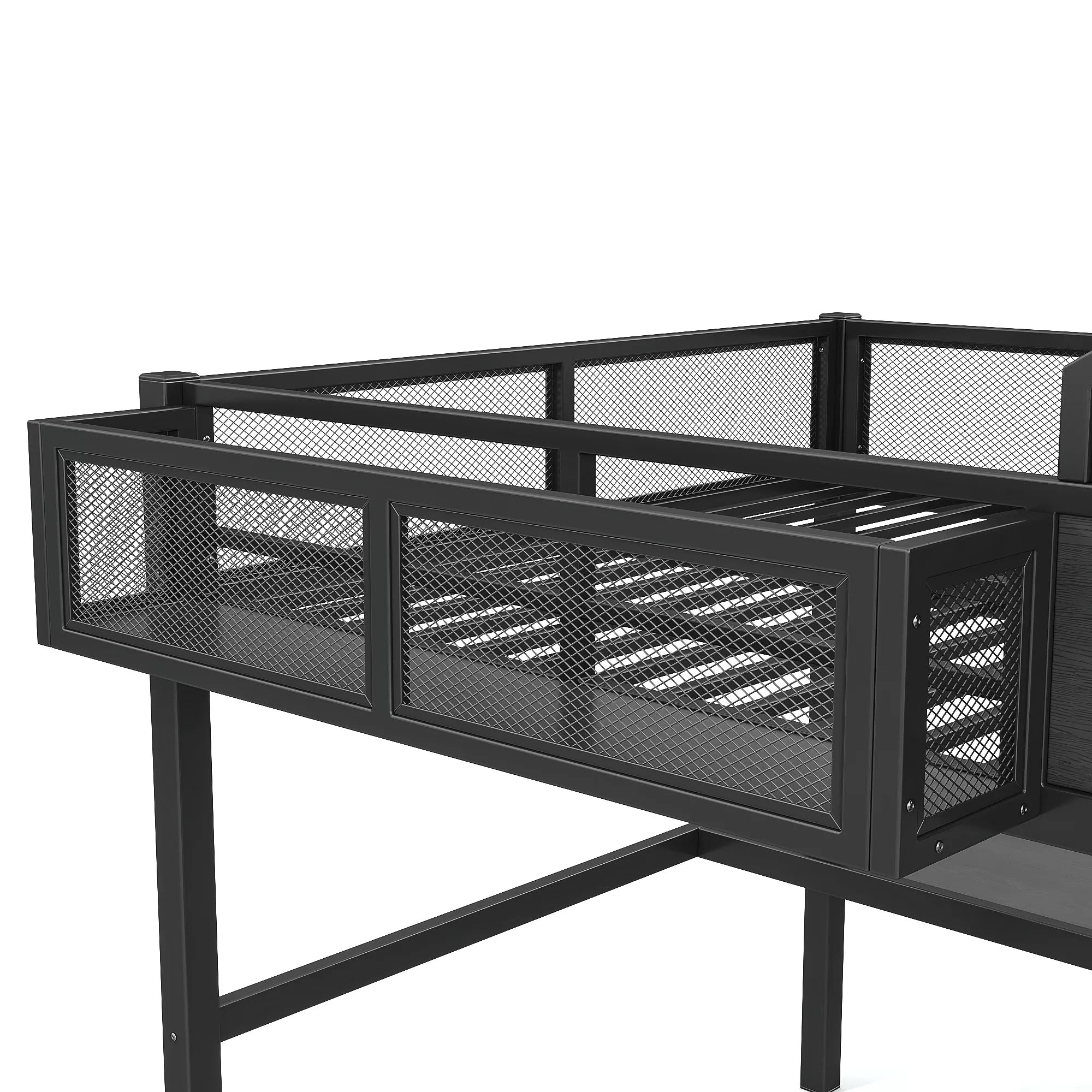 Metal loft bed frame with mesh guardrails