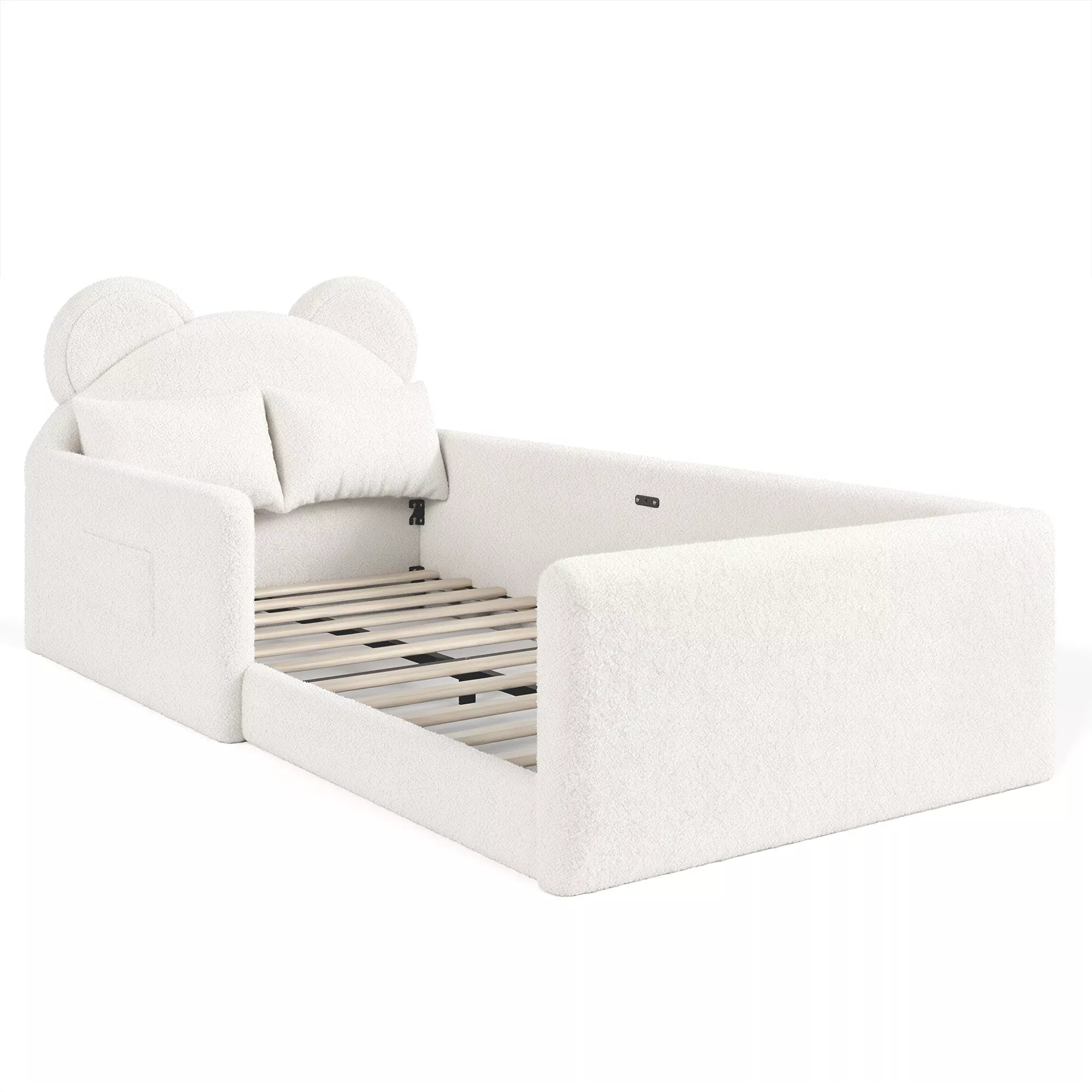 Teddy fabric kids floor bed with low profile frame structure