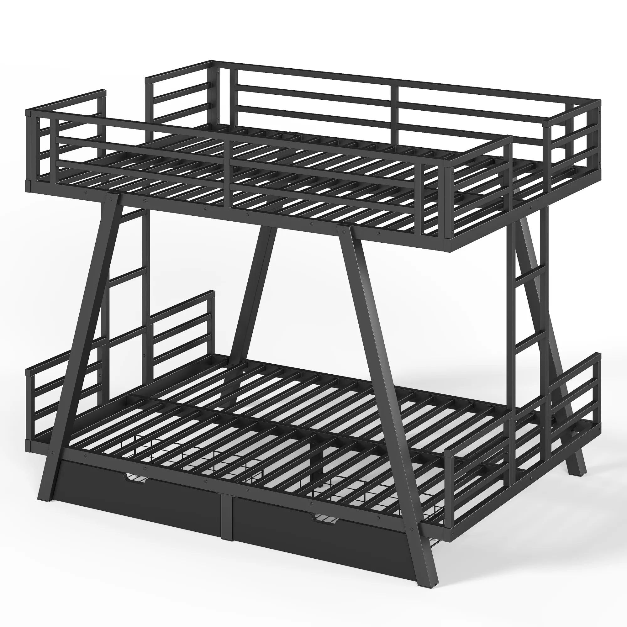 Metal bunk bed showing upper and lower slatted bed frames and angled supports