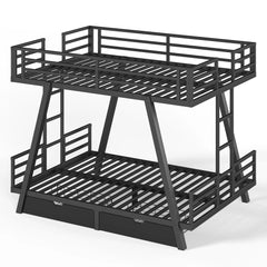 Metal bunk bed showing upper and lower slatted bed frames and angled supports