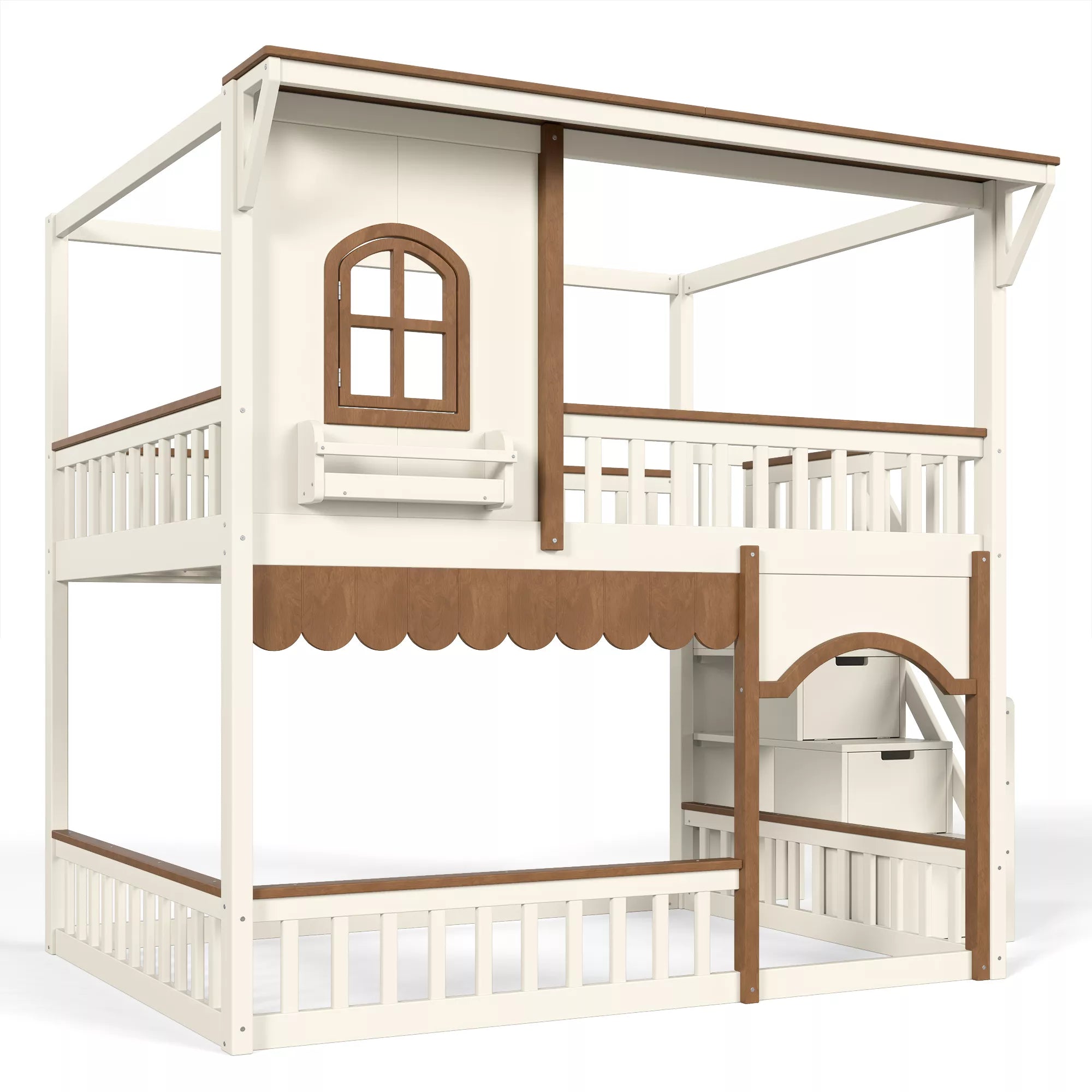 solid wood house bunk bed with storage stairs