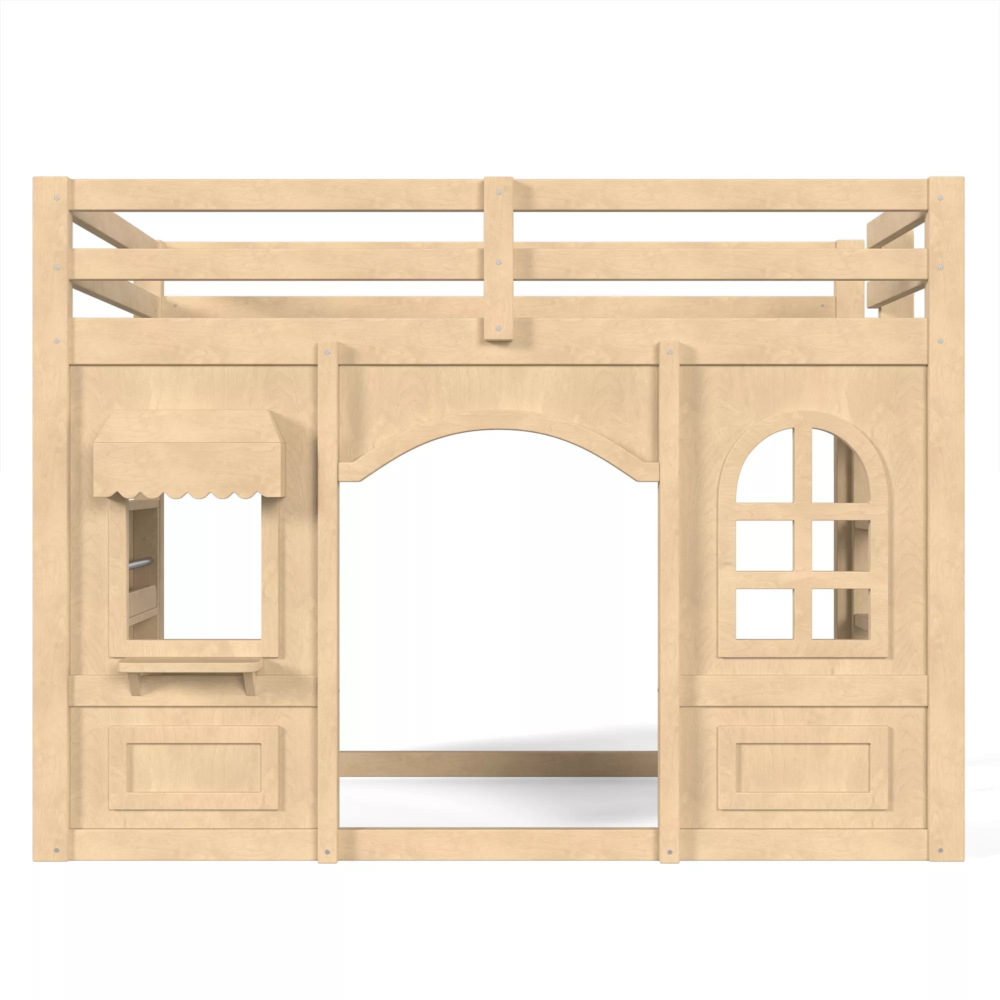 Low height kids loft bed front view with open space underneath