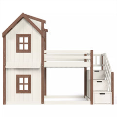 Kids bunk bed with playhouse design and storage stairs