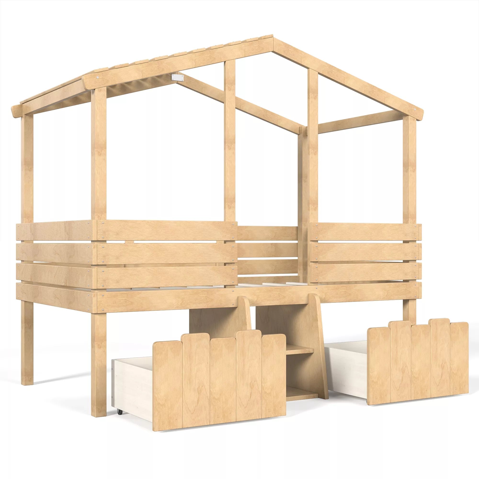 Bellemave® House Bed with Stairs & Storage Drawers for Kids, Wood Low Loft Bed Frame, House-shaped Roof, Childlike Design, Farmhouse Style Bellemave®