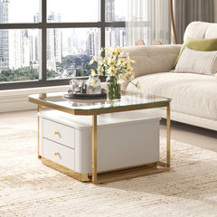 Bellemave® Modern 2 Pieces Square Nesting Coffee Table with Drawers & Electroplated Gold Legs