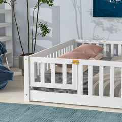 Bellemave® Queen Size Montessori Floor Bed with Fence Guardrails and Door