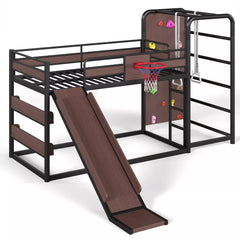 Kids loft bed with integrated play area, slide and sports features