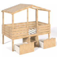 Bellemave® House Bed with Stairs & Storage Drawers for Kids, Wood Low Loft Bed Frame, House-shaped Roof, Childlike Design, Farmhouse Style Bellemave®