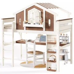 Full Size house-shaped loft bed with built-in desk, staircase, and open storage shelves