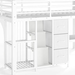 kids metal low loft bed with storage cabinet and workspace