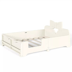 Angled view empty white children bed frame displaying wooden slats, bow headboard and safety side rails