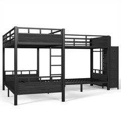 four sleeper metal bunk bed with storage cabinet