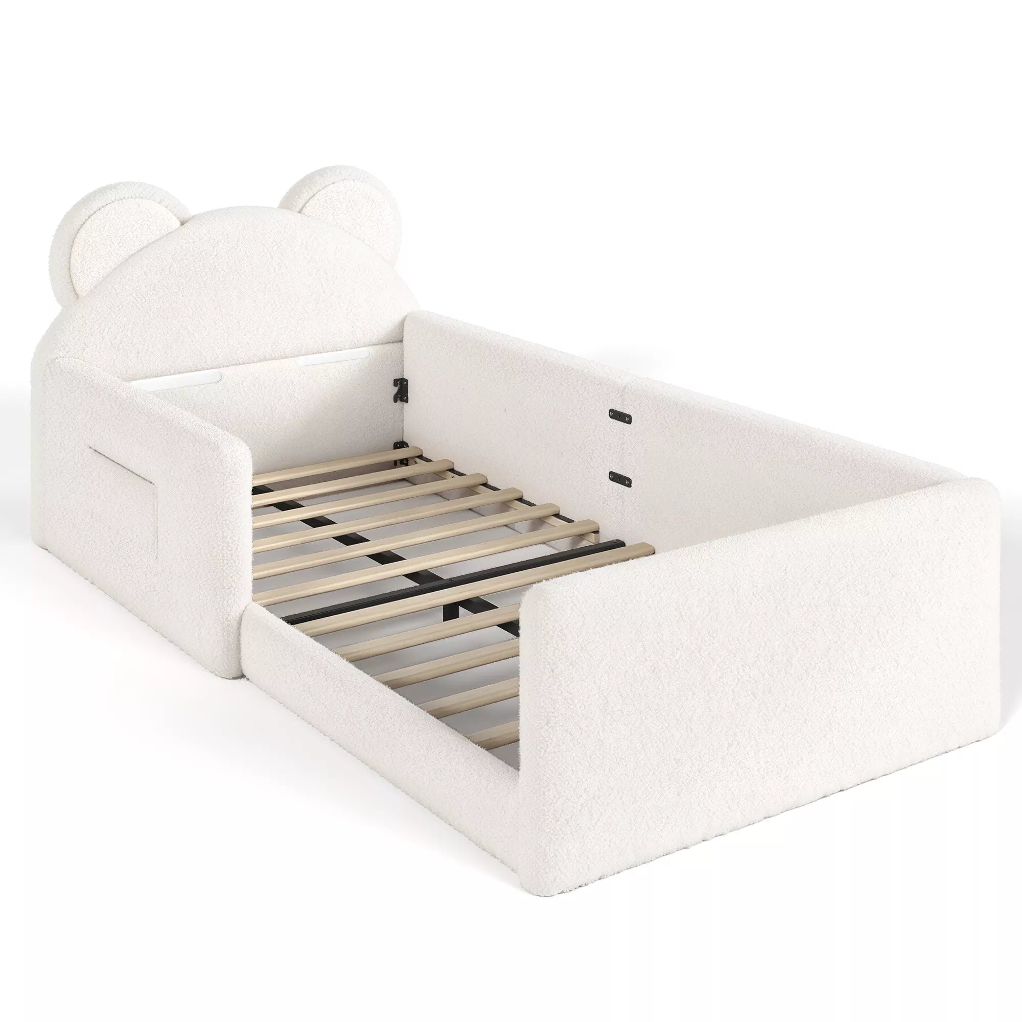 Upholstered kids floor bed with cute bear headboard design