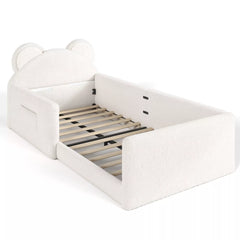 Upholstered kids floor bed with cute bear headboard design