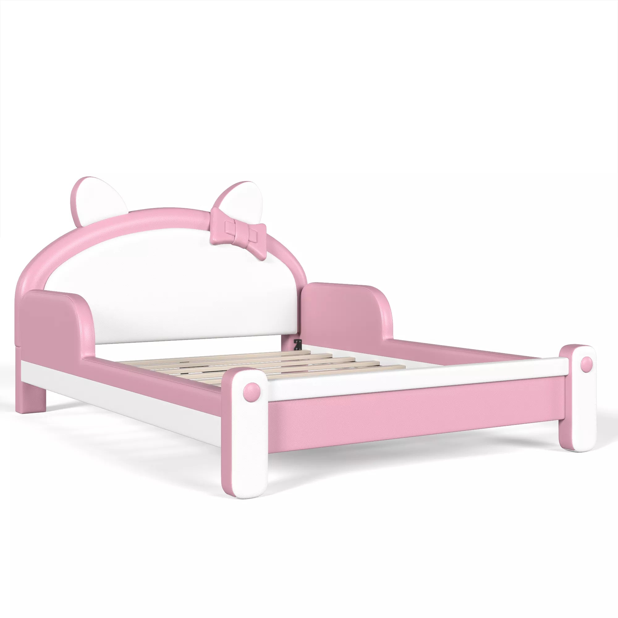 Angled View of Pink Upholstered Platform Bed