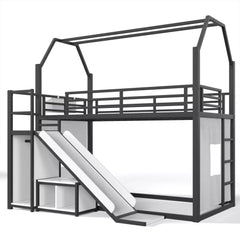 Metal twin size loft bed with slide and play area underneath