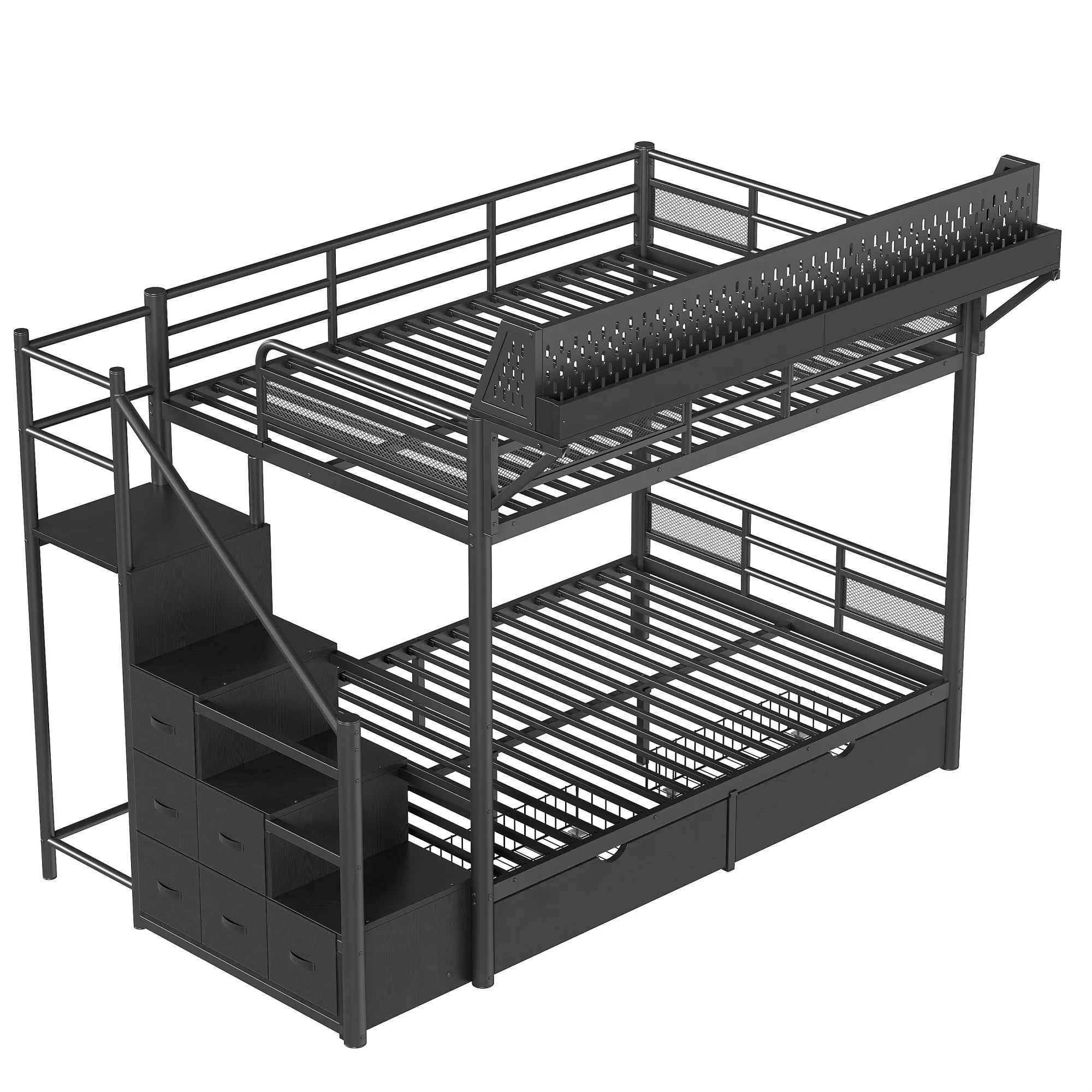 Top angled view of metal bunk bed showing upper and lower sleeping areas, storage staircase and fabric drawers