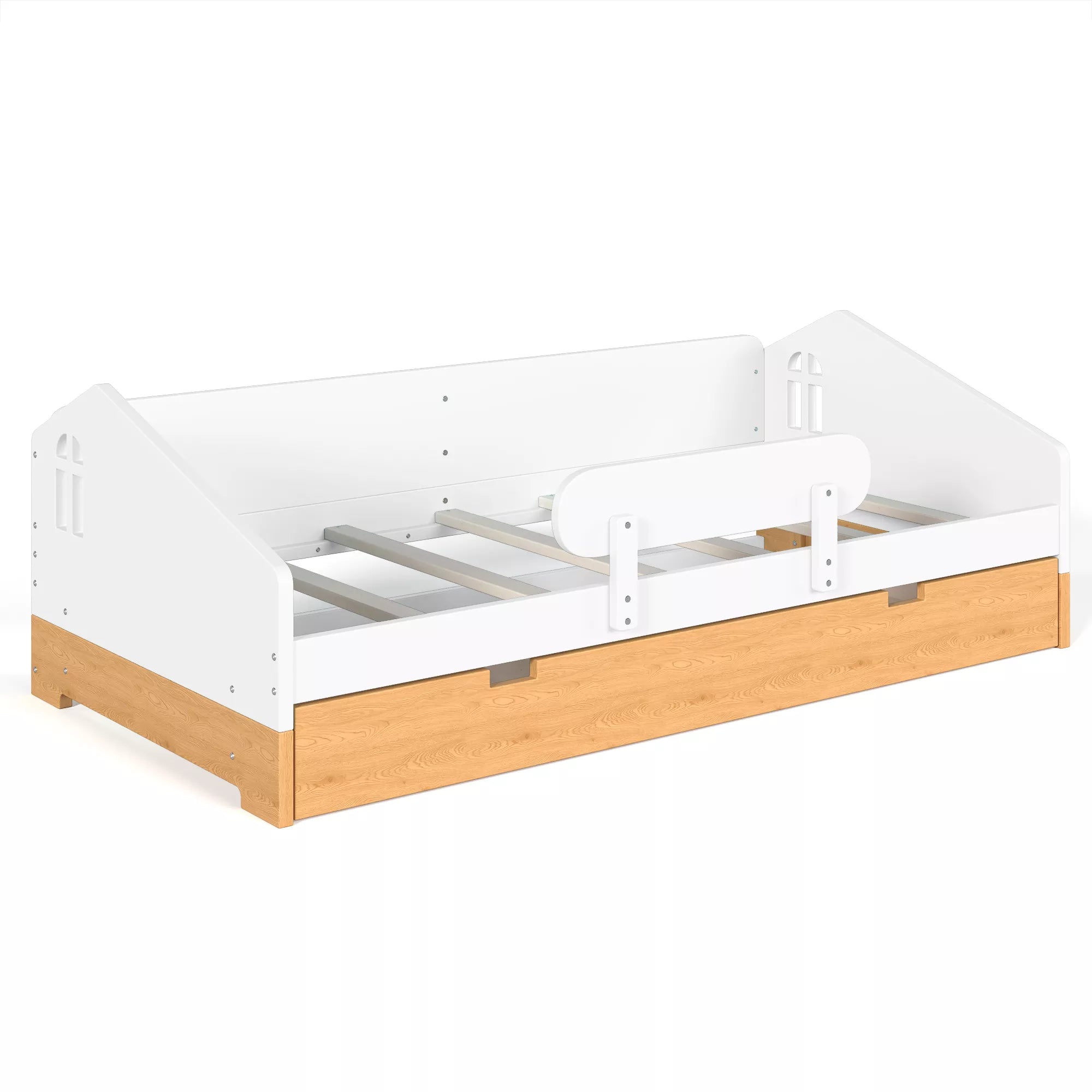 Wood floor bed frame with pull out storage drawer