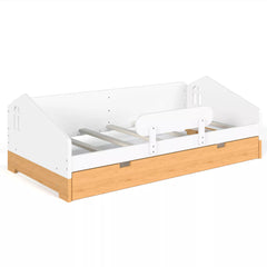 Wood floor bed frame with pull out storage drawer
