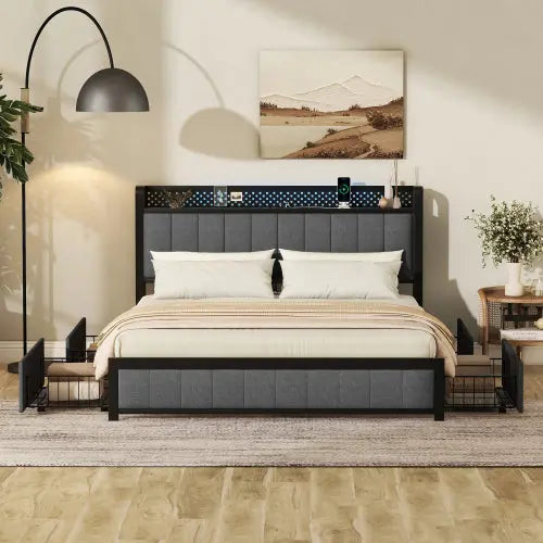 Bellemave® Queen Size Upholstered Platform Bed with LED Headboard,4 Storage Drawers and USB Ports Bellemave®