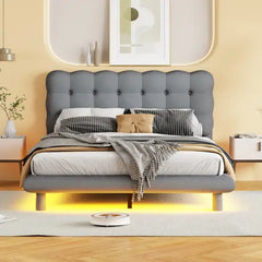 Bellemave® Velvet Platform Bed with LED Frame, Thick & Soft Fabric and Button-tufted Design Headboard Bellemave®