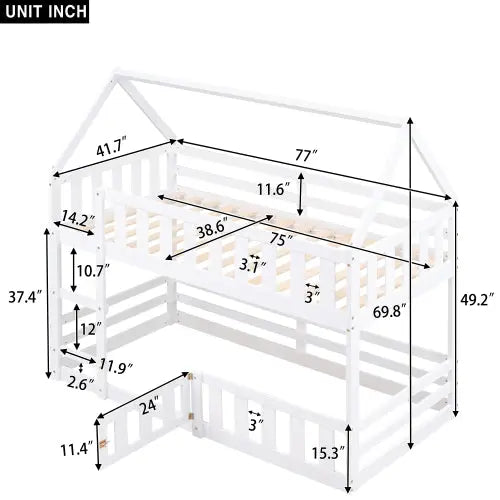 Bellemave Twin Size House Bunk Bed with Fence and Door Bellemave