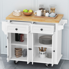 Bellemave® 43.31" Kitchen Island Cart with Two Storage Cabinets and Two Locking Wheels,4 Door Cabinet and Two Drawers,Spice Rack, Towel Rack