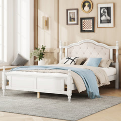 Bellemave® Queen Size Pine wooden Platform Bed with Upholstered Headboard and Panel Footboard