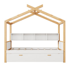 Bellemave® Wooden House Bed Original Wood Color Frame with Two Drawers and Bookshelf Storage Space