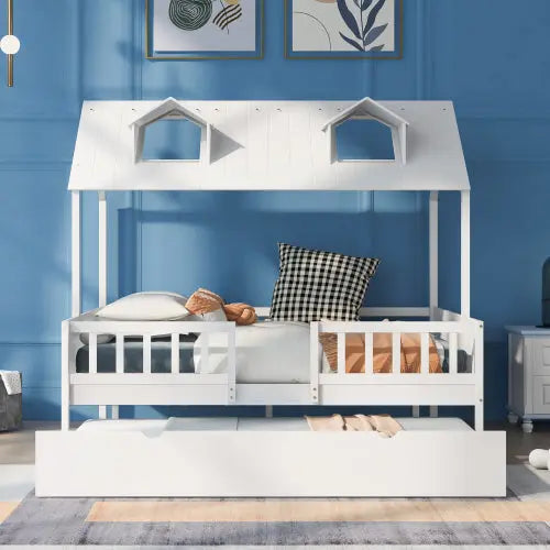 Bellemave® Wood House Bed with Trundle