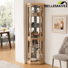 Bellemave® Corner Curio Cabinet with Tempered Glass Doors and Adjustable Shelves, Wine Bar China Cabinet for Living Room Liquor Storage Bellemave®