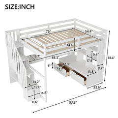 Bellemave® Full Size Loft Bed with Desk and Shelves, Two Built-in Drawers, Storage Staircase