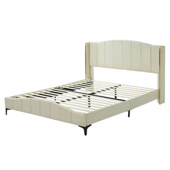 Bellemave® Queen Size PU Leather Upholstered Platform Bed, Headboard with Wingback and Metal Bar Accents