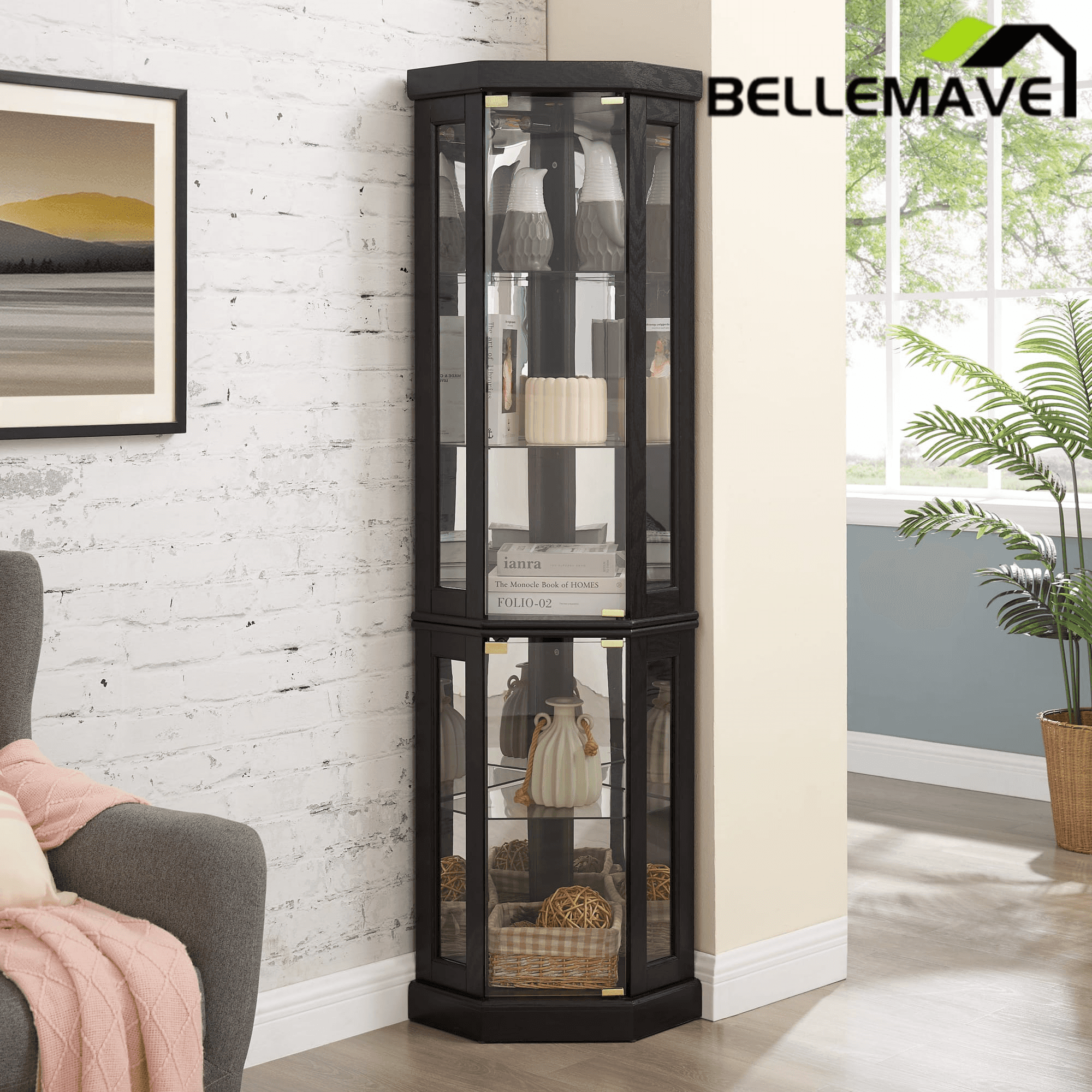 Bellemave® Corner Curio Cabinet with Tempered Glass Doors and Adjustable Shelves, Wine Bar China Cabinet for Living Room Liquor Storage Bellemave®