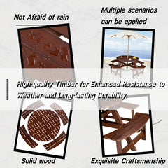 Bellemave® Outdoor 8 Person Round Picnic Table Set with 4 Built-in Benches, Umbrella Hole, Outside Table