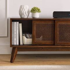 Bellemave® 59" Mid Century Modern Rattan TV Stand with Solid Wood Feet & Rattan Cabinet Doors