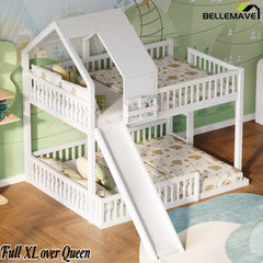 Bellemave® Full XL Over Queen House Bunk Bed with Slide, Solid Wood Kids Bunk Bed with Built-In Ladder