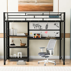 Bellemave® Metal Loft Bed with Desk and Whiteboard, 3 Shelves and Ladder