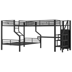 Bellemave® L-Shaped Triple Bunk Bed with Storage Stairs, Twin Over Twin Over Full Bunk Bed with Desk, USB Ports, Wardrobe, Heavy-Duty Metal Corner Bunk Beds for 3 Kids, Noise Free, Black Bellemave®